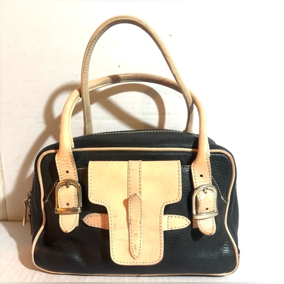 GUIA’S black leather satchel handbag with beige trim - Picture 1 of 10